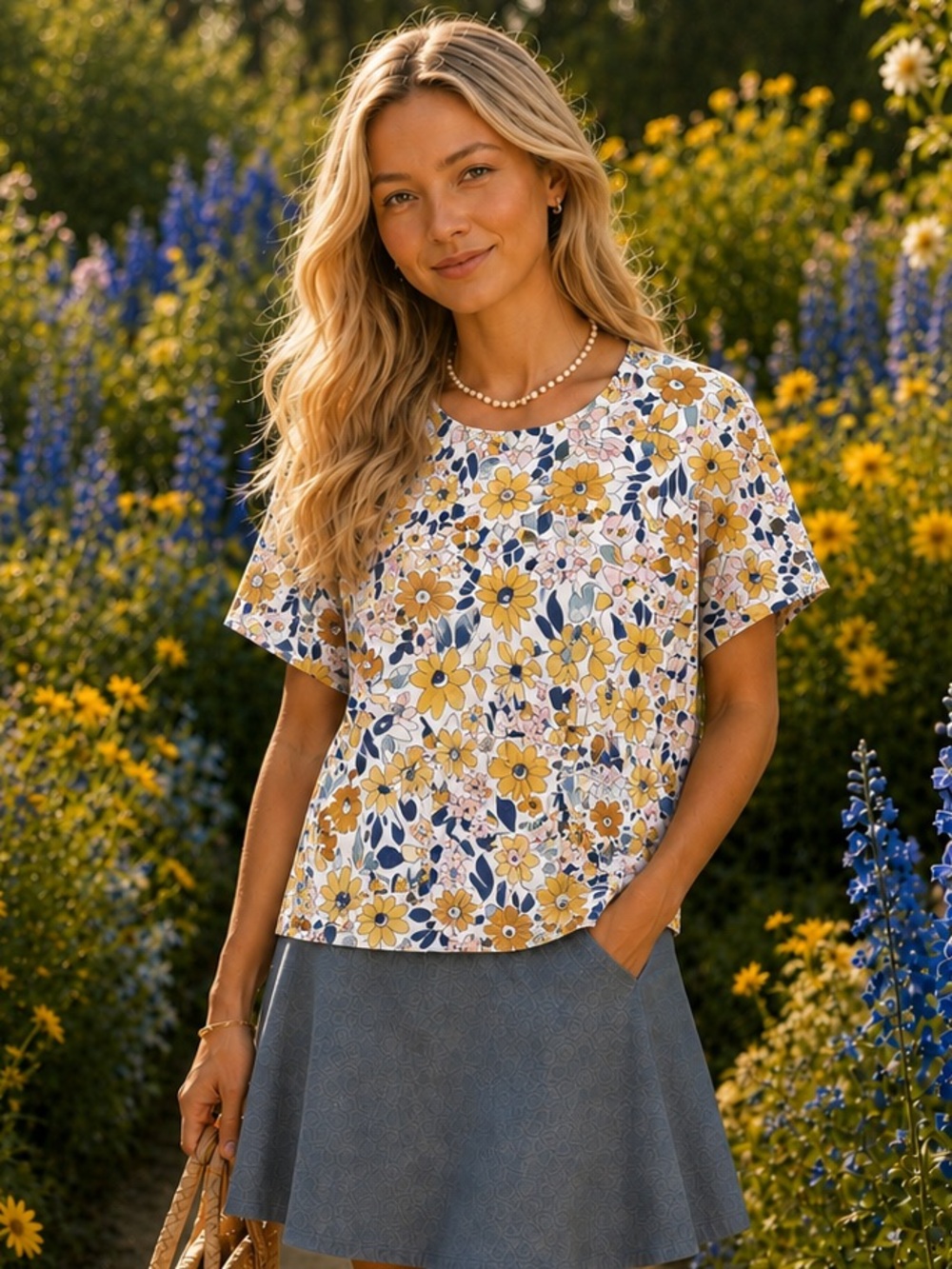 NWT Tulip B Floral Short-Sleeve Blouse in Yellow White Blues Pink Square Pockets